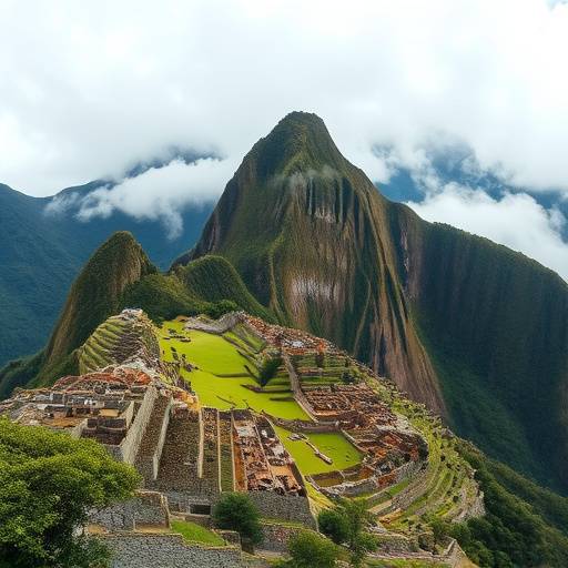 Ancient ruins of Machu Picchu, Peru, perched high in the Andes Mountains, surrounded by lush greenery and mist