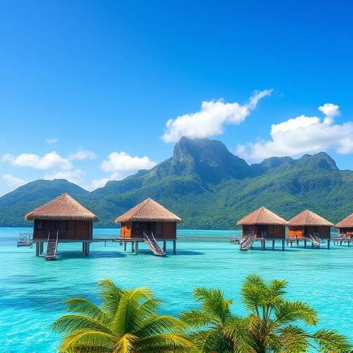Luxurious overwater bungalows in Bora Bora, French Polynesia, with crystal-clear turquoise waters and lush green mountains in the background