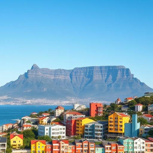 Panoramic view of Cape Town, South Africa, with Table Mountain in the background and colorful houses along the coastline