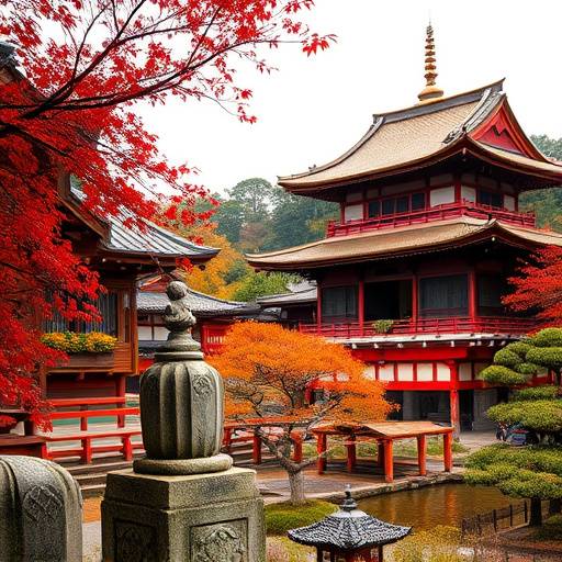 Traditional temples and serene gardens in Kyoto, Japan, showcasing the city's rich cultural heritage in autumn colors