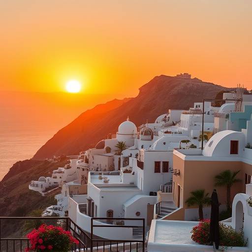 White-washed villages of Santorini, Greece, cascading down volcanic cliffs overlooking the Aegean Sea during sunset